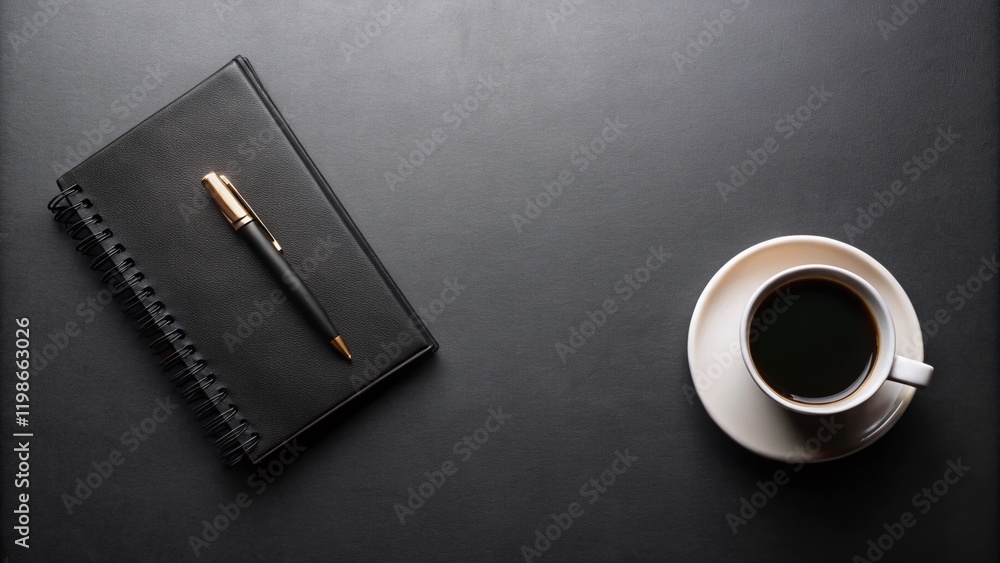 Dark Office Desk Top View: Notebook, Coffee, Pen & Copy Space - Business Workplace Flat Lay Dark Office Desk Top View: Notebook, Coffee, Pen & Copy Space - Business Workplace Flat Lay