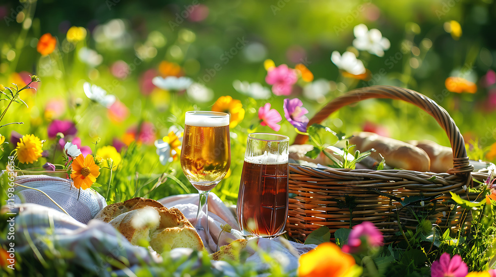 A peaceful picnic setting with two beverages warm bread in a wicker basket and a bright flower field A peaceful picnic setting with two beverages warm bread in a wicker basket and a bright flower field