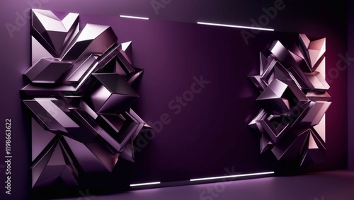 A futuristic banner with 3D geometric shapes on a solid dark purple background photo