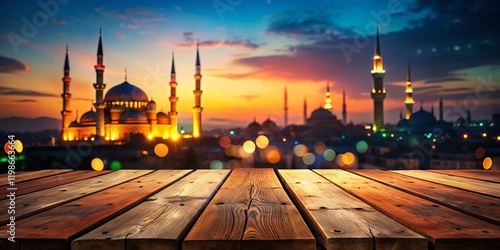 Night Cityscape: Illuminated Mosque & City Lights from Wooden Tabletop