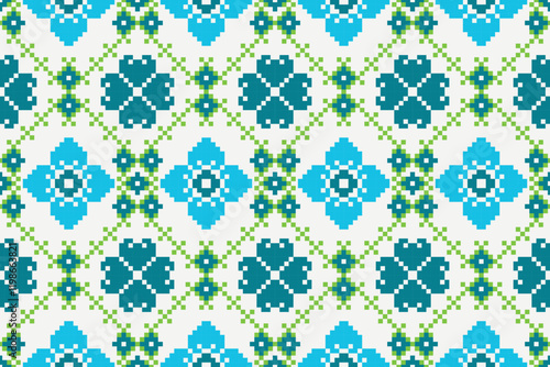 Cross Stitch pattern with Floral Designs. Traditional cross stitch needlework. Geometric Ethnic pattern, Embroidery, Textile ornamentation, fabric, Hand stitched pattern, Cultural stitching pixel art.