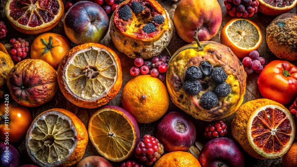 Decaying Fruit Still Life: Rotting Citrus and Berries, Abstract Texture Decaying Fruit Still Life: Rotting Citrus and Berries, Abstract Texture