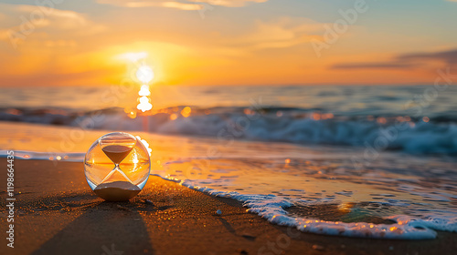 A planet globe with an hourglass shape on a sandy beach at sunrise photo