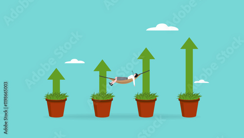 business autopilot mode or passive income, earning with no effort by make profit or dividend from investment business success, businesswoman sleeping in hammock with investment growth graph plant