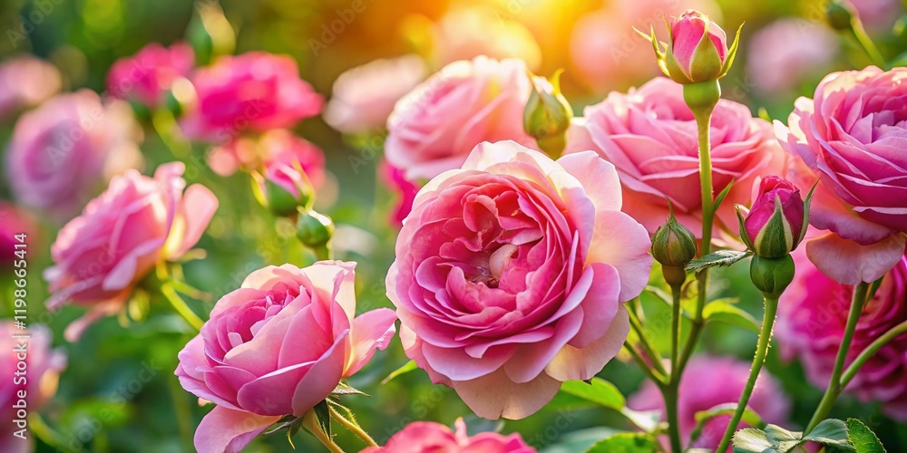 Delicate Pink Roses in a Vibrant Summer Garden, Close-Up Food Photography Delicate Pink Roses in a Vibrant Summer Garden, Close-Up Food Photography