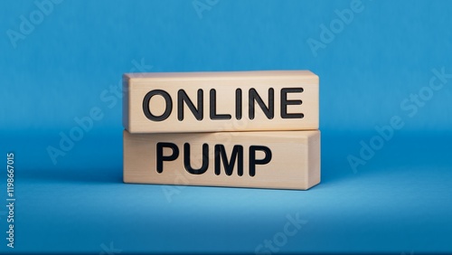 Online Pump words on brown diary. Wooden cube blocks. Copy space.3D rendering on blue background.
