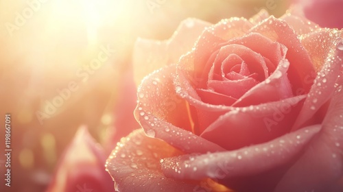 91.Beautiful rose flower Pastella with drops of dew. Rose in warm sunlight: photo