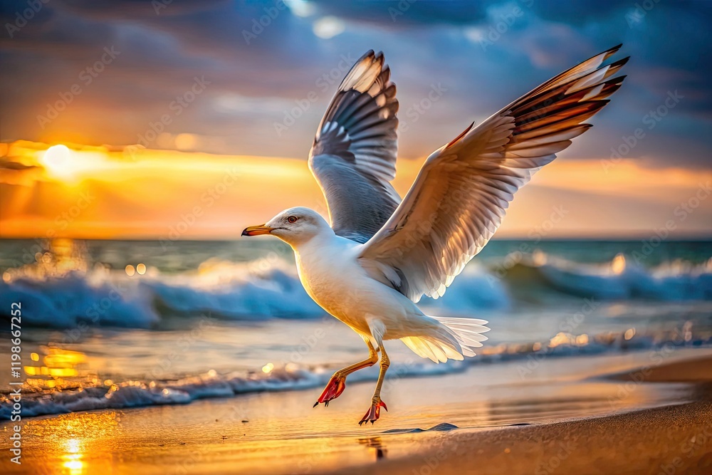 Fototapeta premium Seagull Takeoff Beach Sand Shore Bird Flight High Depth of Field Photography