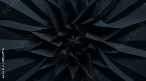 Intricate origami style intense jet black vortex of color, deep shadows, folded paper texture, geometric precision, sharp angles, monochromatic palette.