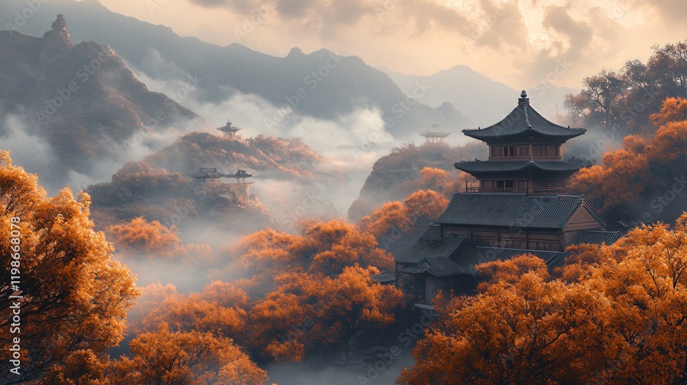 Obraz premium A serene landscape showcasing a traditional pagoda surrounded by vibrant autumn foliage and mist-covered mountains at sunrise.