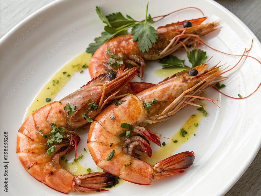 Delicious Close-Up of Three Cooked Prawns on a White Plate - Asian Cuisine Delicious Close-Up of Three Cooked Prawns on a White Plate - Asian Cuisine