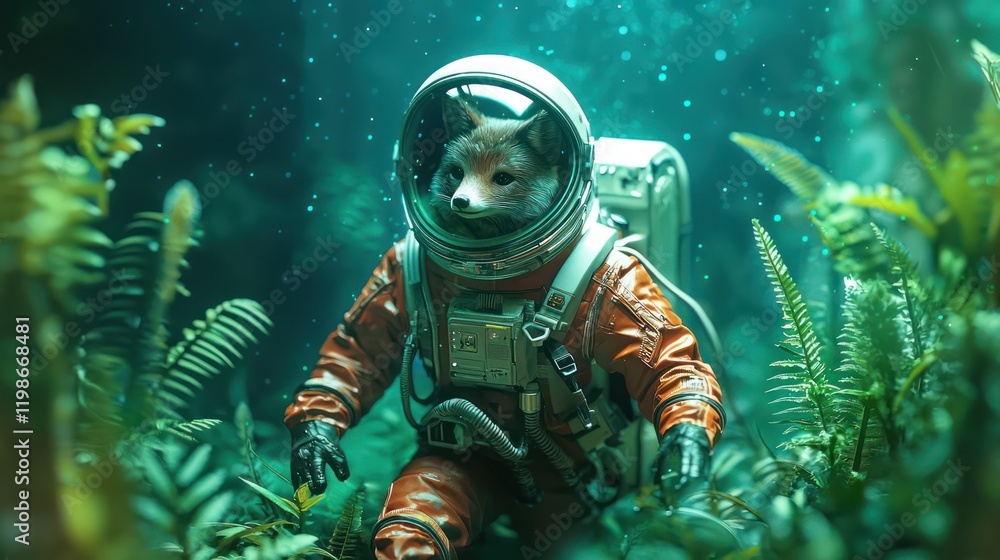 Fototapeta premium A whimsical scene featuring a fox in an astronaut suit exploring an underwater world filled with lush greenery and bubbles.
