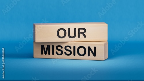 Our Mission symbol. Concept word Our Mission on wooden blocks.Business and Our Mission concept. Copy space.3D rendering on blue background.