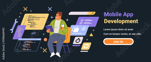Mobile app development programmer coding software tools. Developer holding tablet and smartphone surrounded by code screens dark background design