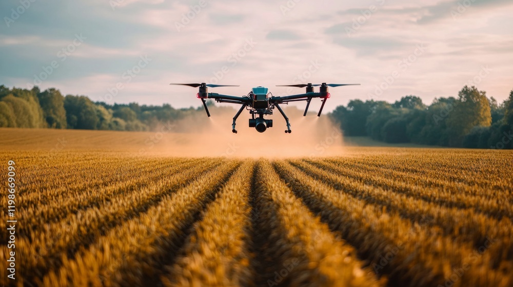 A drone hovers above a golden field, capturing stunning agricultural views. The technology transforms the way we approach farming. Precision and efficiency are key. Generative AI.