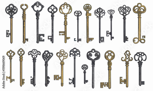 Vintage Victorian Key Collection Illustration with Medieval Gothic Locks Vector Design