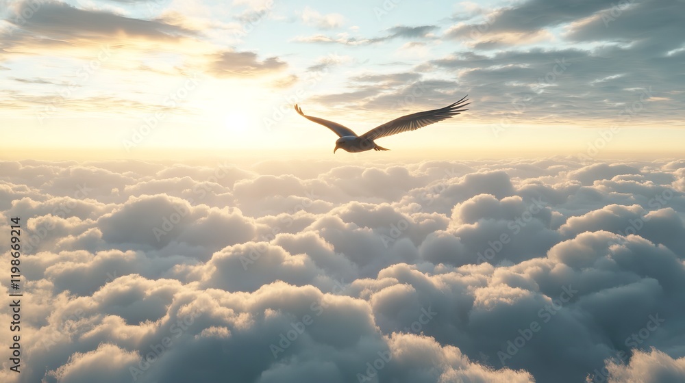 Naklejka premium A snowy owl wings spread wide against a backdrop of a frost-covered meadow, the horizon glowing softly with the light of a winter sunrise, dreamy landscape