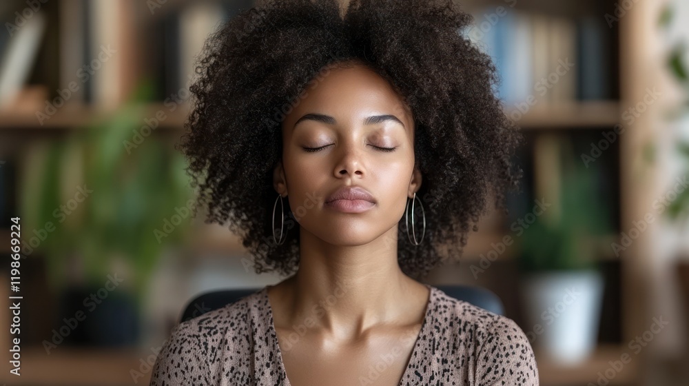 Relaxed woman meditating office bookshelf Relaxed woman meditating office bookshelf