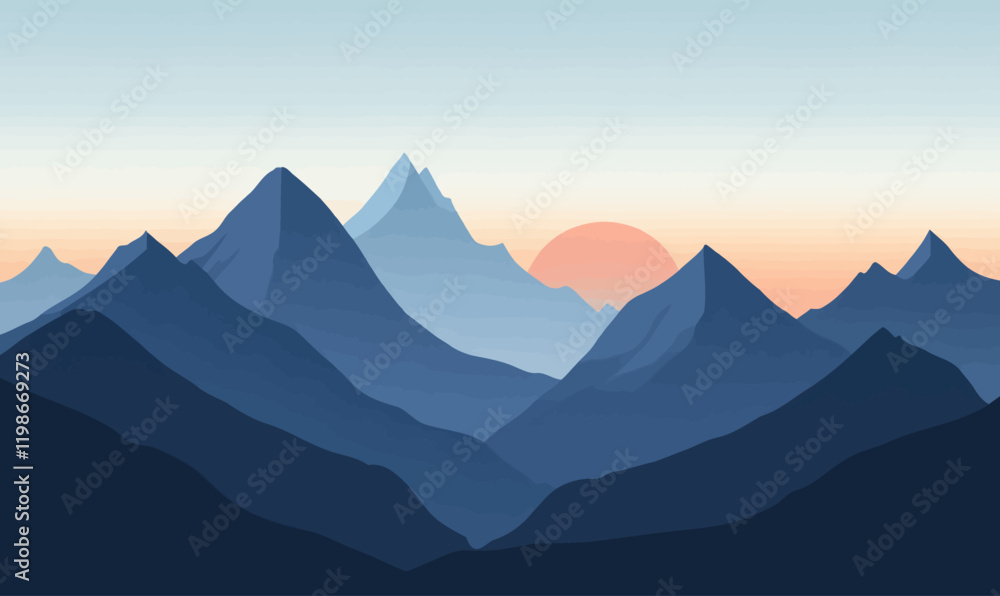 Obraz premium Tranquil Mountain Ranges Minimalist Vector Art with Sunrise Silhouette Landscape