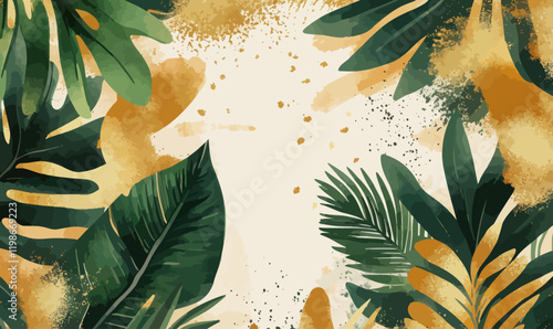 Luxurious Abstract Gold and Green Tropical Leaves Vector Background