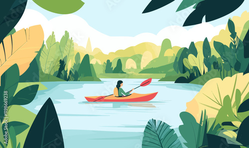 Tranquil Kayaking Adventure in Lush Greenery: Summer Watersport and Nature Escape Illustration