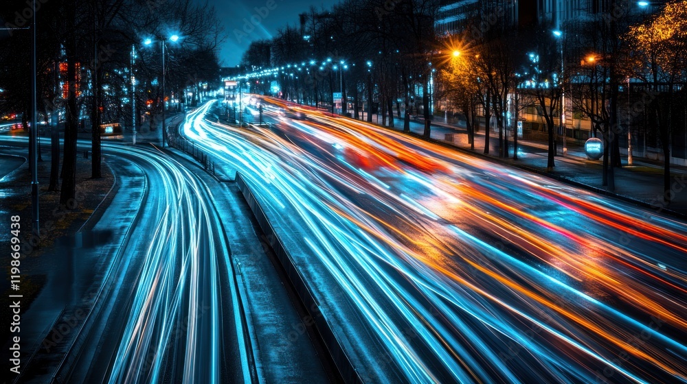 Fototapeta premium Digital light trails featuring blue and black contrast.
