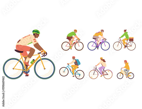 riding sport bicycle recreation bike set happy people cartoon character vector illustration exercise clipart