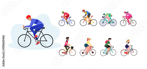 riding sport bicycle recreation bike set happy people cartoon character vector illustration exercise clipart