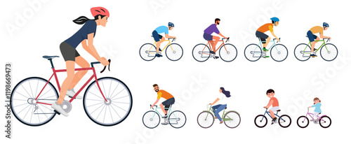 riding sport bicycle recreation bike set happy people cartoon character vector illustration exercise clipart