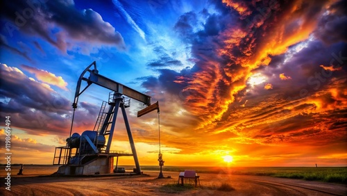 Oil Pump Jack Silhouette at Sunset - Energy Industry Stock Photo
