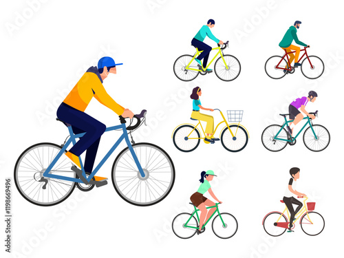 riding sport bicycle recreation bike set happy people cartoon character vector illustration exercise clipart