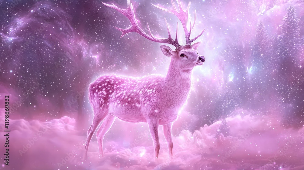A mystical pink deer stands majestically in a dreamy, cosmic landscape filled with ethereal clouds and sparkling stars. A mystical pink deer stands majestically in a dreamy, cosmic landscape filled with ethereal clouds and sparkling stars.