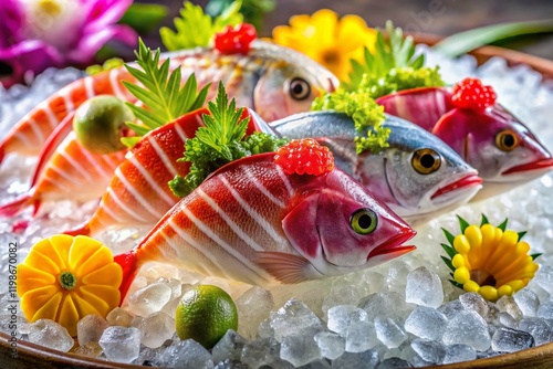 Delicious Fugu Sashimi: Raw Japanese Pufferfish delicacy on ice, close-up food photography. photo