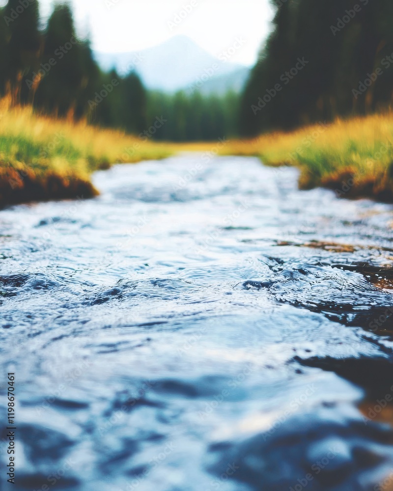 A serene stream flows through a lush green landscape, framed by trees and distant mountains under a clear sky. A serene stream flows through a lush green landscape, framed by trees and distant mountains under a clear sky.