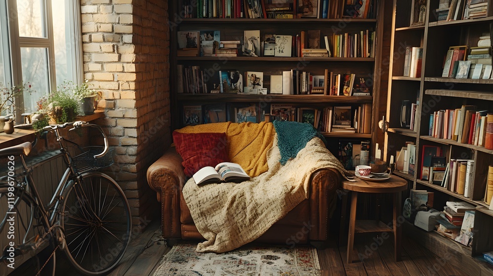 Cozy Reading Nook With Bookshelves And Bicycle Cozy Reading Nook With Bookshelves And Bicycle