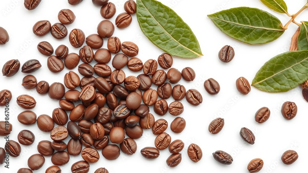 Obraz premium Fresh coffee beans and vibrant green coffee leaves isolated on a white background with ample copy space for text or design, leaves, ingredient