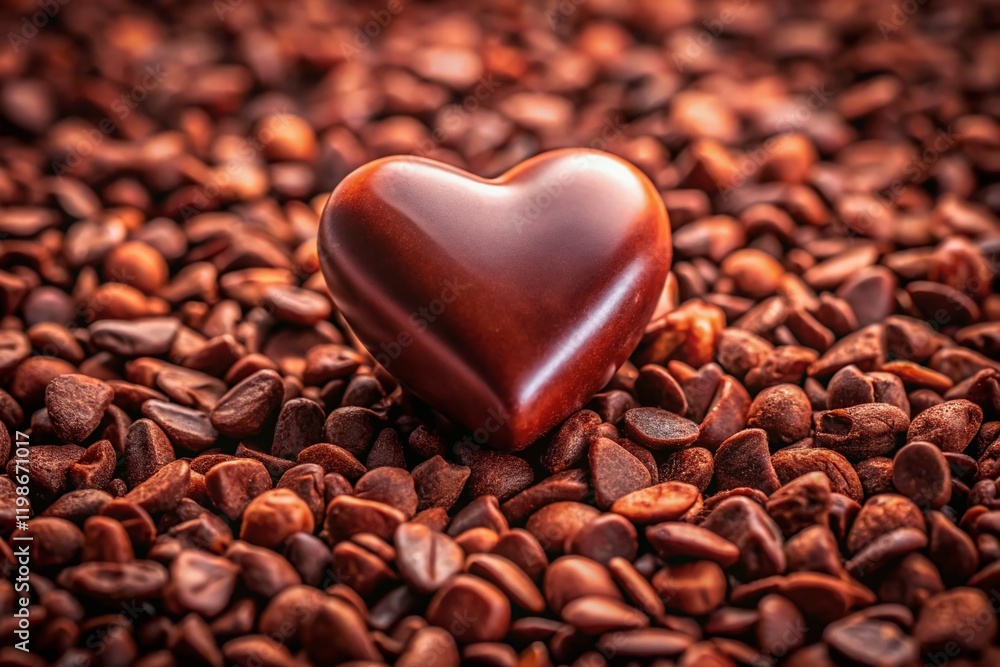Delicious Heart-Shaped Chocolate Candy on Cocoa Nibs - Panoramic Close-up Delicious Heart-Shaped Chocolate Candy on Cocoa Nibs - Panoramic Close-up