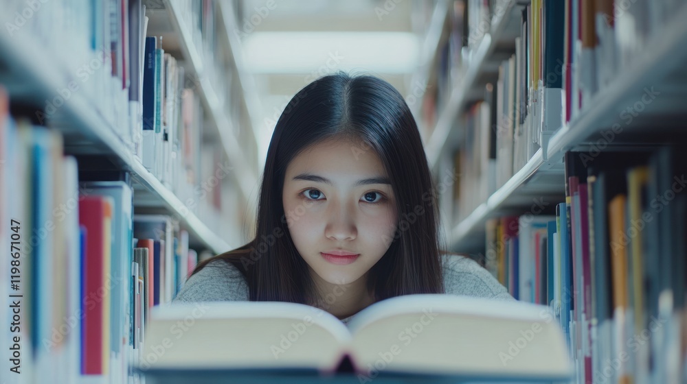Focused Asian student studying in a modern library showcasing academic dedication on solid white background Focused Asian student studying in a modern library showcasing academic dedication on solid white background