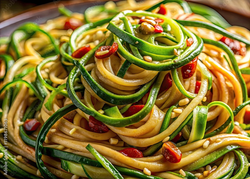 Spicy Peanut Zucchini Noodles Panoramic Closeup - Healthy Vegetarian Recipe Spicy Peanut Zucchini Noodles Panoramic Closeup - Healthy Vegetarian Recipe