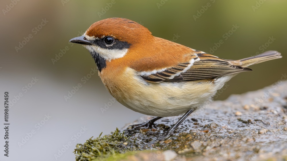A small, colorful bird with a reddish-brown head and cream-colored body perched on a rock, surrounded by a blurred natural background. A small, colorful bird with a reddish-brown head and cream-colored body perched on a rock, surrounded by a blurred natural background.