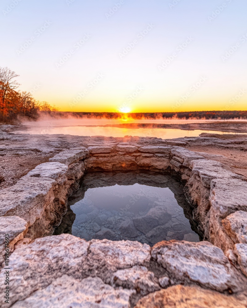 Hot spring pool at sunset, surrounded by rocky edges and a misty landscape, creating a tranquil and picturesque scene. Hot spring pool at sunset, surrounded by rocky edges and a misty landscape, creating a tranquil and picturesque scene.
