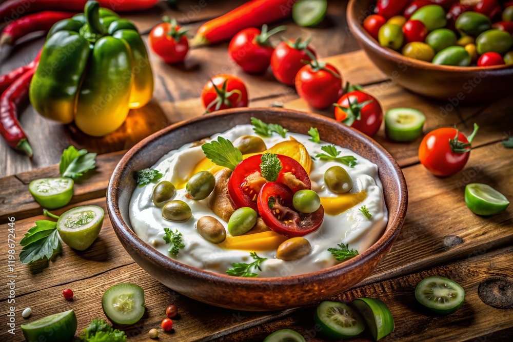 Delicious Lebanese Labneh with Olives & Vegetables - Low Light Photography Delicious Lebanese Labneh with Olives & Vegetables - Low Light Photography