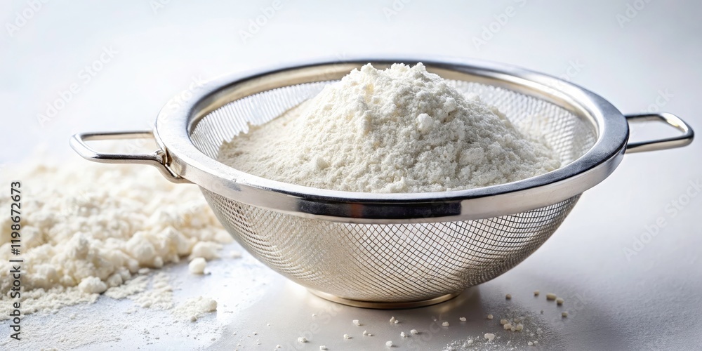 Stainless Steel Sieve Flour White Background, Fine Flour Sifting, Baking Photography, Kitchen Utensils, Food Photography, Cooking Ingredients, Stainless Steel Sieve Flour White Background, Fine Flour Sifting, Baking Photography, Kitchen Utensils, Food Photography, Cooking Ingredients,