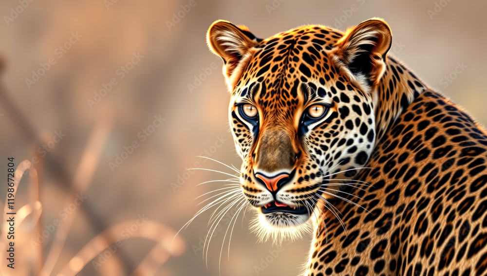 Fototapeta premium Majestic leopard portrait on Savanna with a blurred background. Powerful wildlife photography.