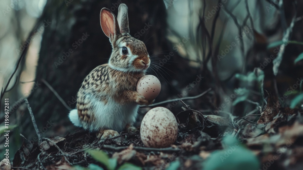 Obraz premium Adorable Wild Rabbit with Eggs in a Forest Setting