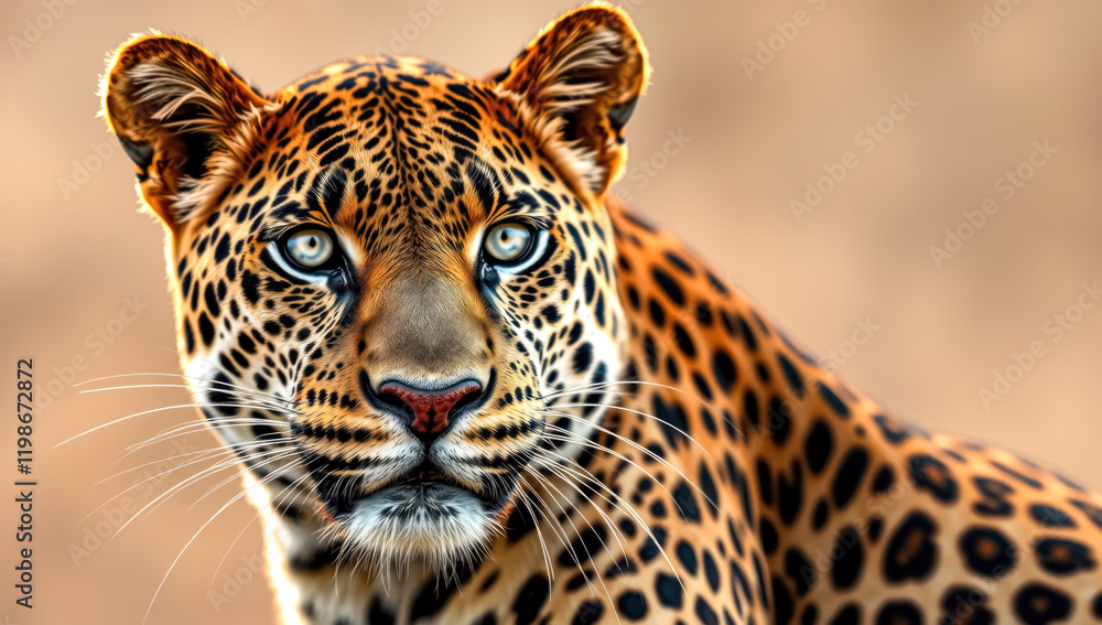 Obraz premium Majestic leopard portrait on Savanna with a blurred background. Powerful wildlife photography.