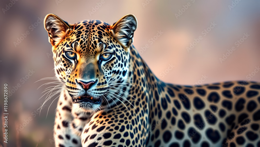 Obraz premium Majestic leopard portrait on Savanna with a blurred background. Powerful wildlife photography.