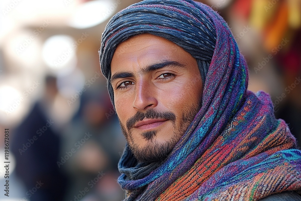 A man wearing a colorful scarf, gazing confidently at the camera in a vibrant market setting. A man wearing a colorful scarf, gazing confidently at the camera in a vibrant market setting.