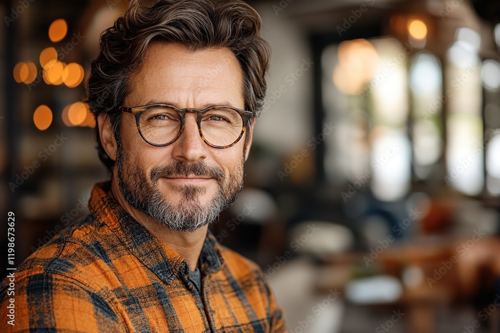 Fototapeta premium A smiling man in a plaid shirt poses warmly in a cozy caf? setting.