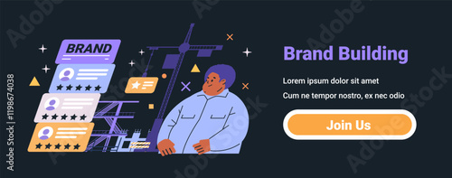 Brand building concept with construction elements and user reviews. Features a person observing a crane and scaffold structure with rating cards in the background. Dark mode website banner